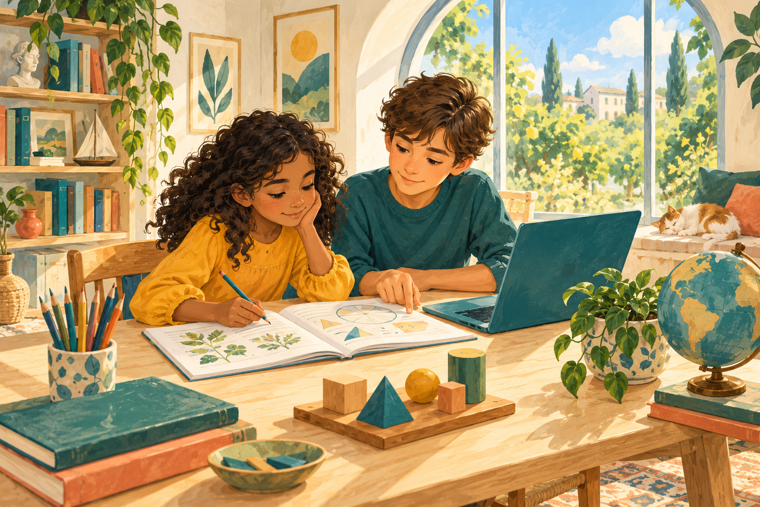 Illustration of two children exploring a workbook beside a laptop, globe and wooden learning materials